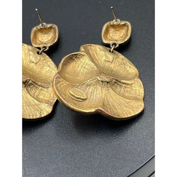Kenneth Lane Gold Plated Sculpted Floral Pearl Center Dangle Earrings - Picture 10 of 12